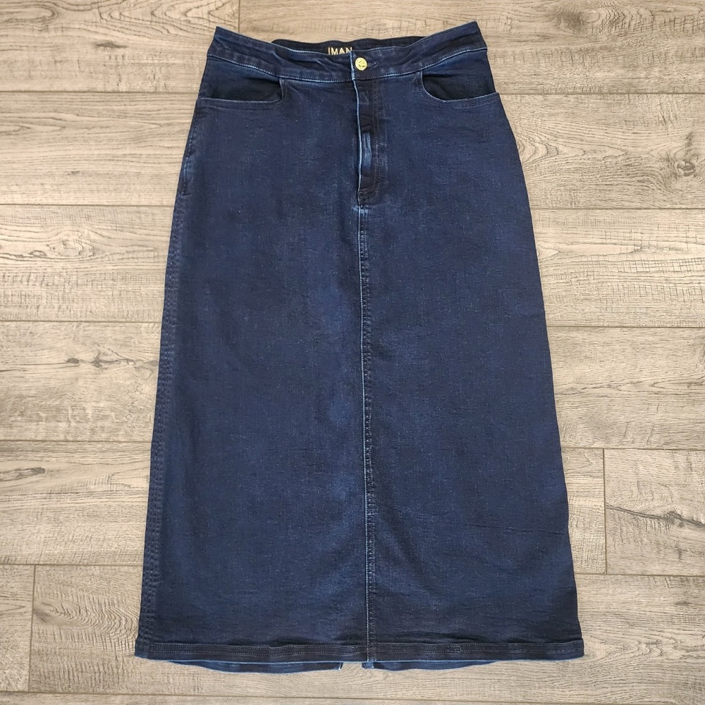 Iman Womans Denim Midi Skirt Dark Indigo Size 10